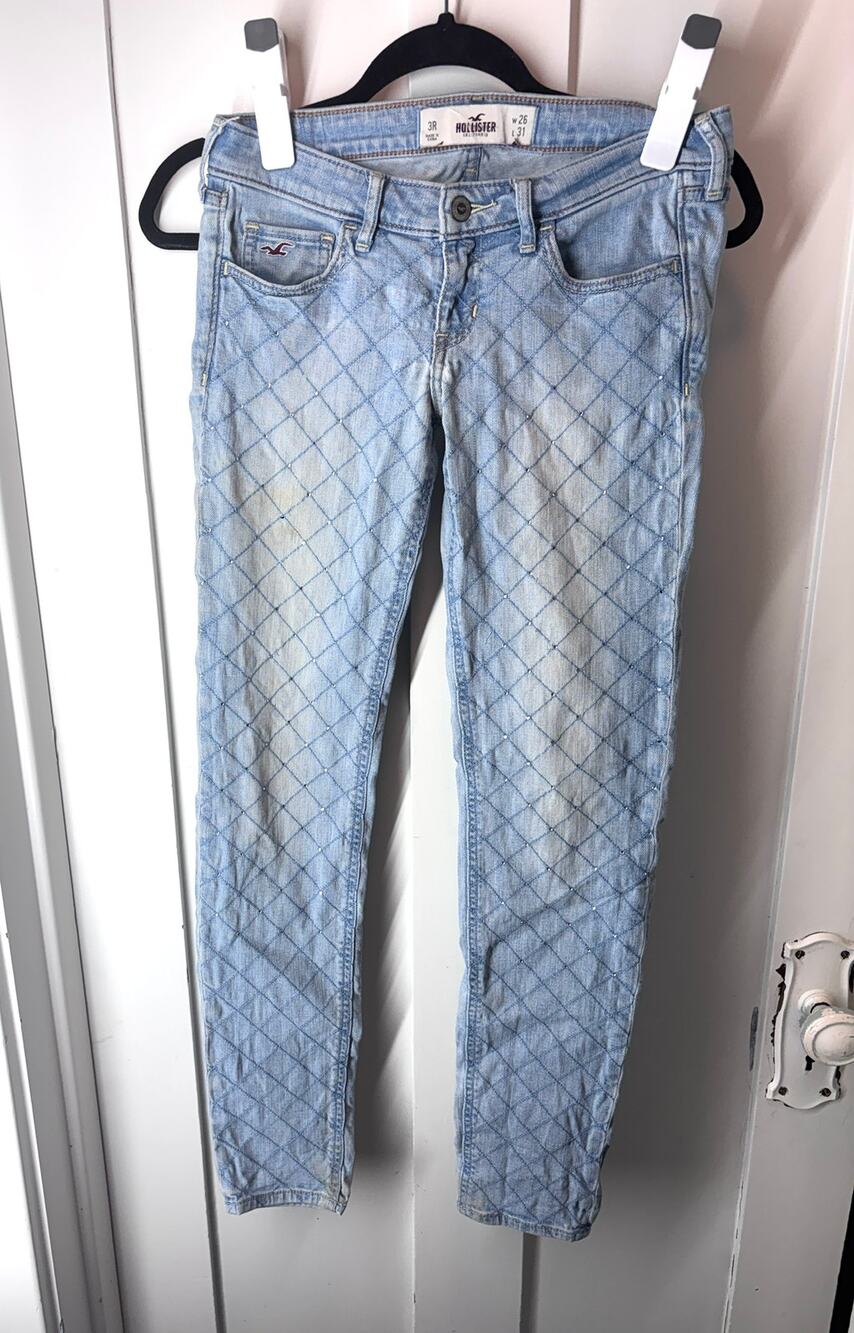 Hollister Diamond Quilted Rhinestone Jeans Size 3R Light Wash Indie Sleaze Y2K